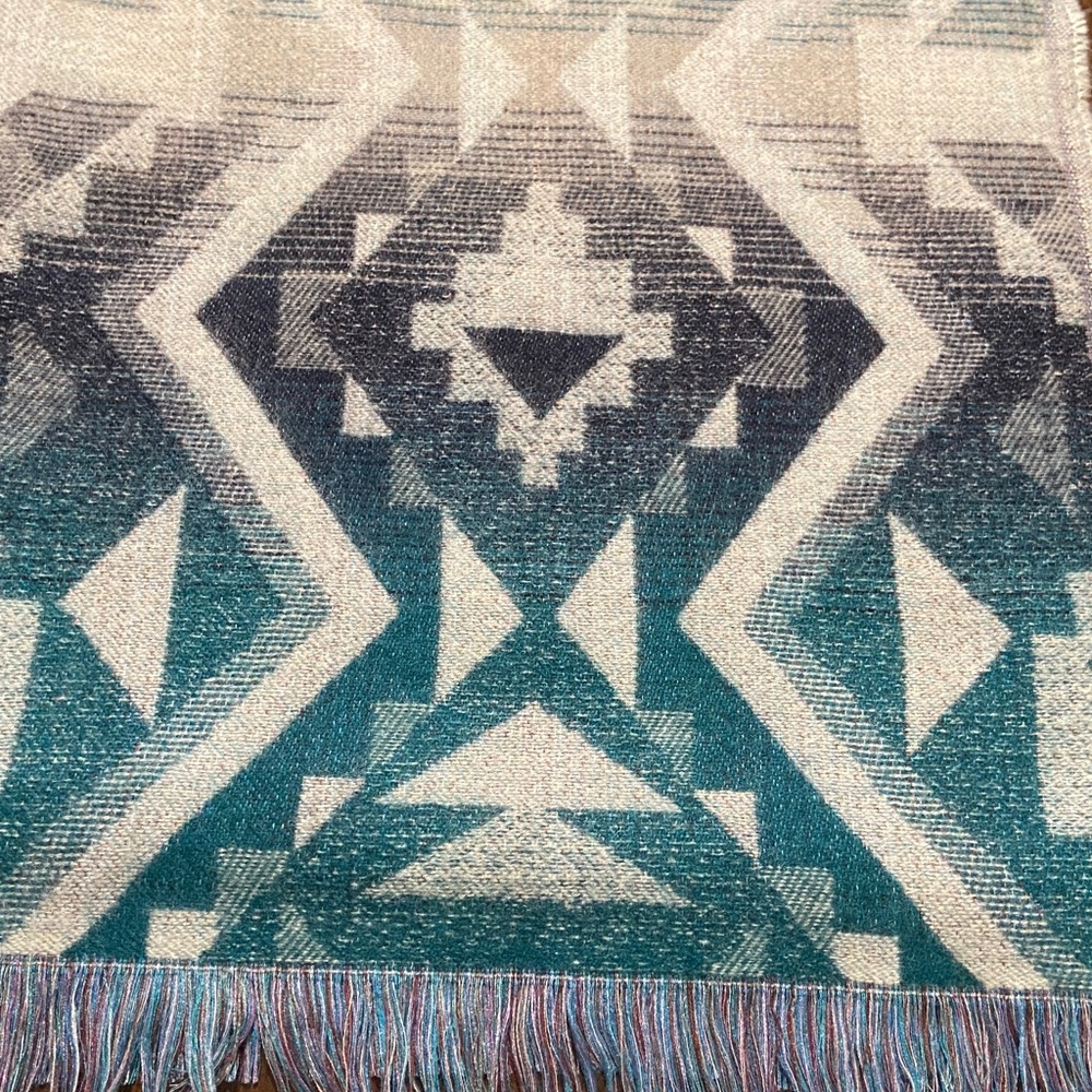 Geometric Patterned Shawl in teal, dark blue, and gray. - Picture 7 of 7